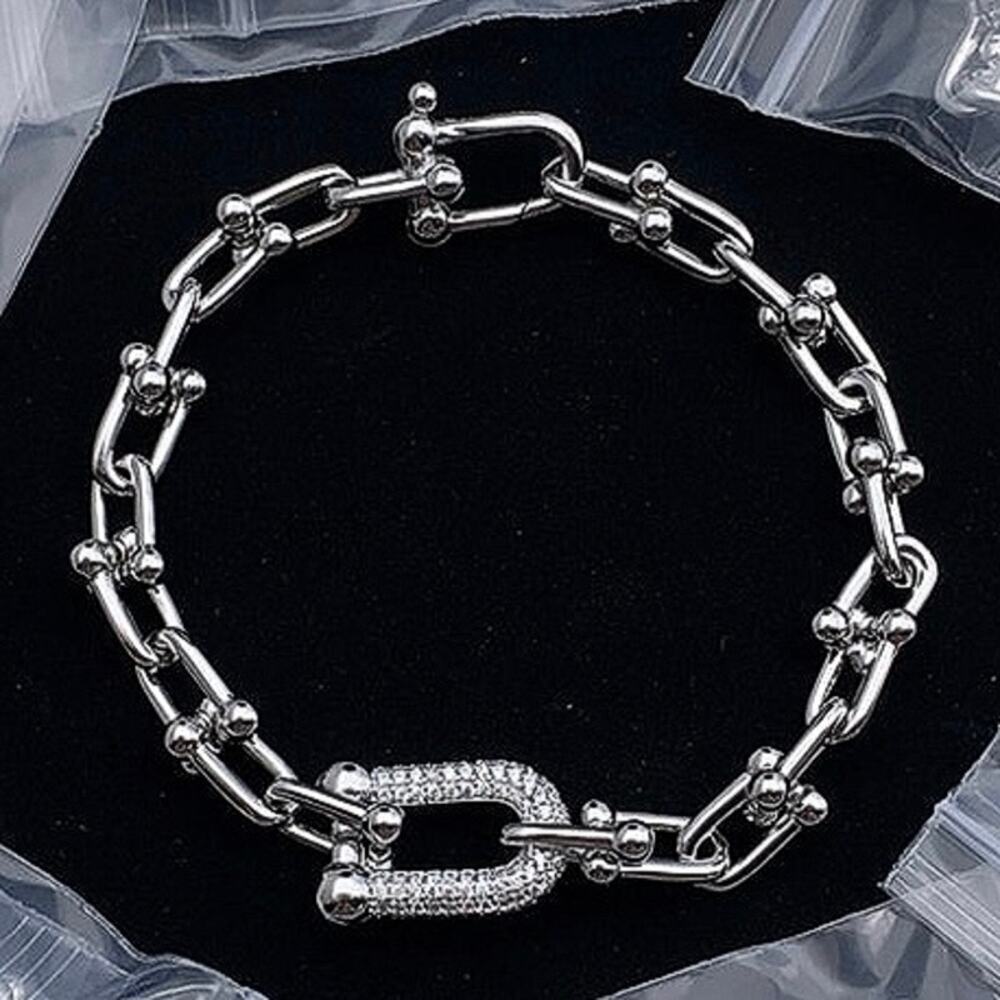 Sterling Silver U Link Zircon Bracelet Unisex Horse Shoe